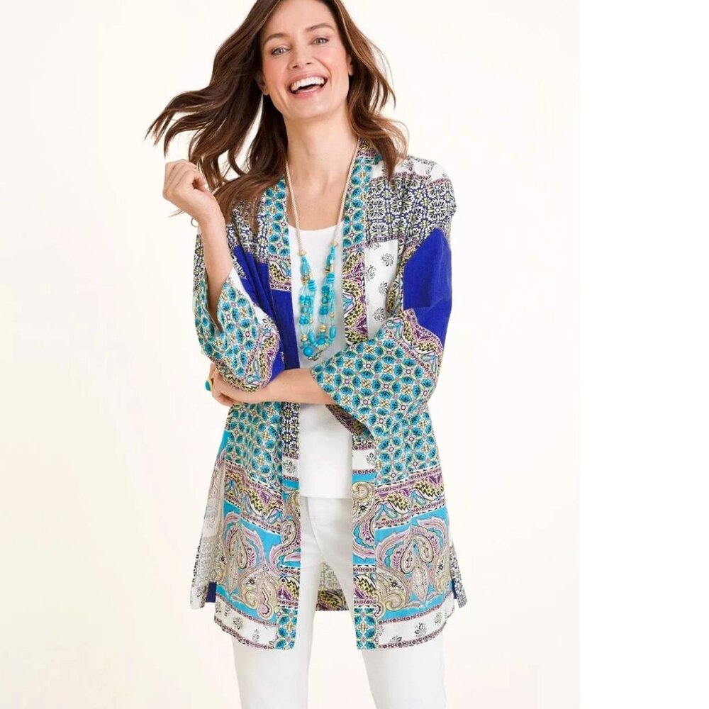 Chico's Women's SM Patchwork Linen Duster Jacket Open Front 3/4 Sleeves